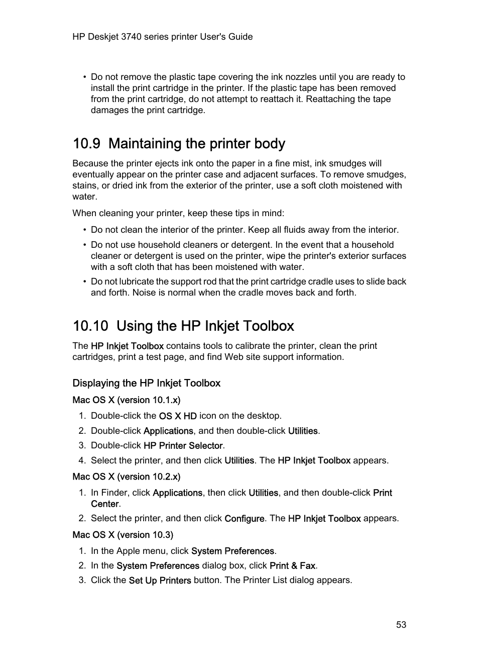 9 maintaining the printer body, 10 using the hp inkjet toolbox, Displaying the hp inkjet toolbox | Mac os x (version 10.1.x), Mac os x (version 10.2.x), Mac os x (version 10.3), The onscreen, Ink level indicator, Hp inkjet toolbox, And then select the | HP 3740 series User Manual | Page 53 / 78