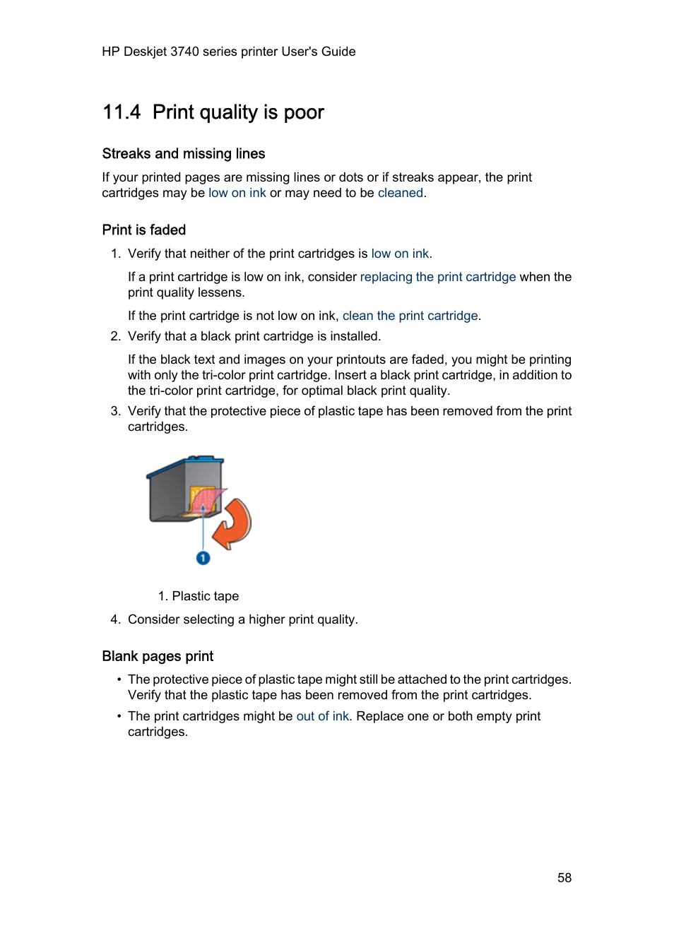 4 print quality is poor, Streaks and missing lines, Print is faded | Print quality is poor | HP 3740 series User Manual | Page 58 / 78