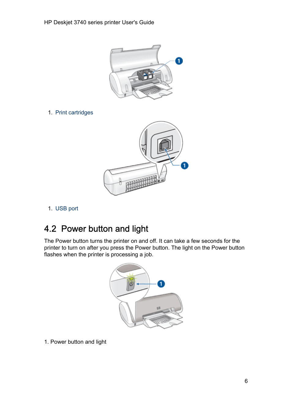 2 power button and light, Power button and light | HP 3740 series User Manual | Page 6 / 78