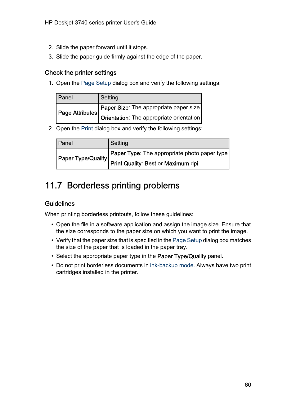 Check the printer settings, 7 borderless printing problems, Guidelines | Borderless printing problems | HP 3740 series User Manual | Page 60 / 78