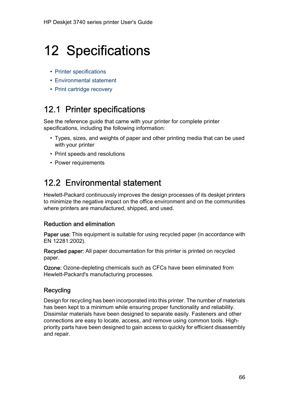 12 specifications, 1 printer specifications, 2 environmental statement | Reduction and elimination, Recycling, Specifications | HP 3740 series User Manual | Page 66 / 78