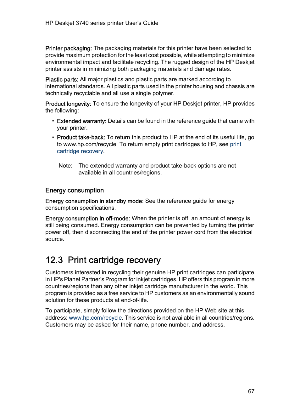 Energy consumption, 3 print cartridge recovery, Print cartridge | Recovery | HP 3740 series User Manual | Page 67 / 78