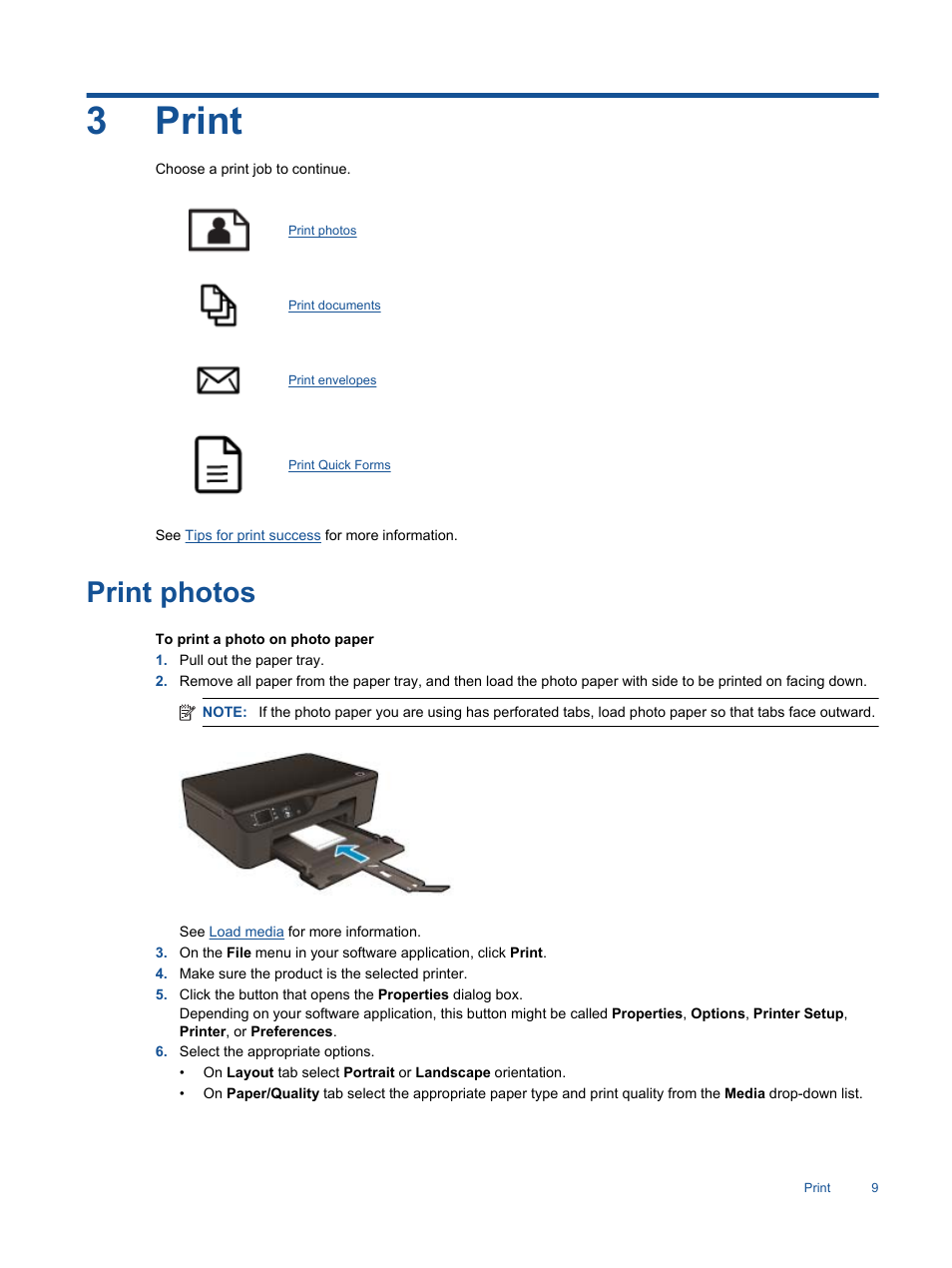 Print, Print photos, 3 print | 3print | HP 3520 User Manual | Page 11 / 66