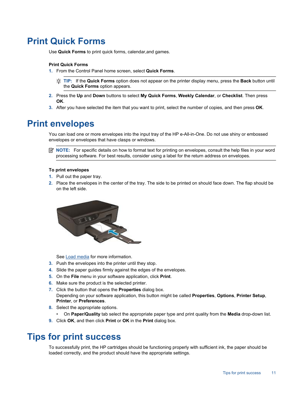 Print quick forms, Print envelopes, Tips for print success | For more information | HP 3520 User Manual | Page 13 / 66