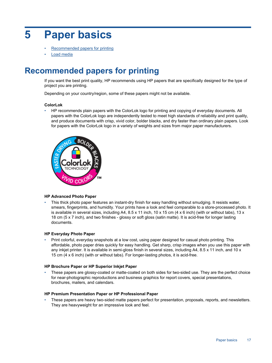 Paper basics, Recommended papers for printing, 5 paper basics | 5paper basics | HP 3520 User Manual | Page 19 / 66