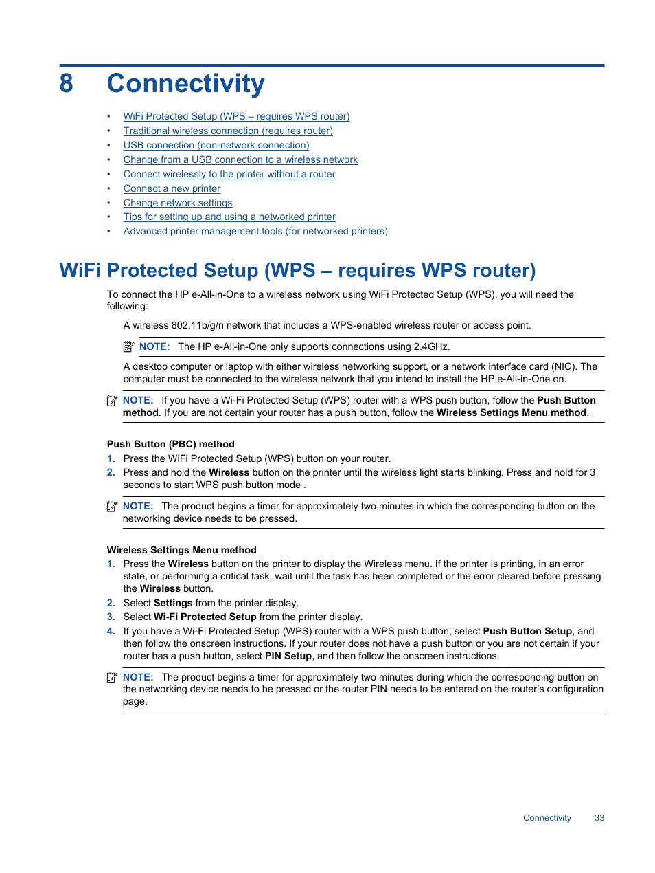 Connectivity, Wifi protected setup (wps – requires wps router), 8 connectivity | 8connectivity | HP 3520 User Manual | Page 35 / 66