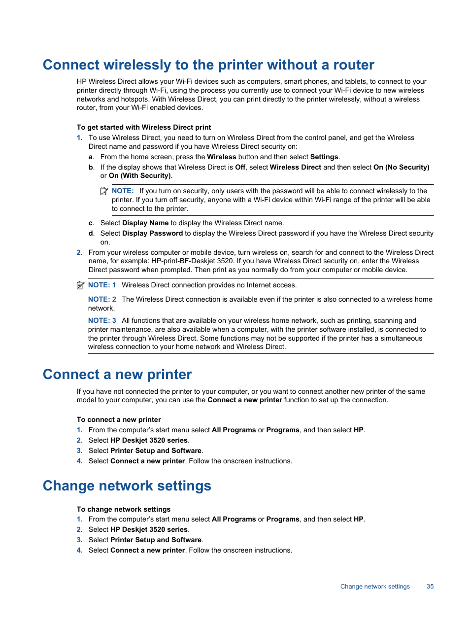 Connect wirelessly to the printer without a router, Connect a new printer, Change network settings | HP 3520 User Manual | Page 37 / 66
