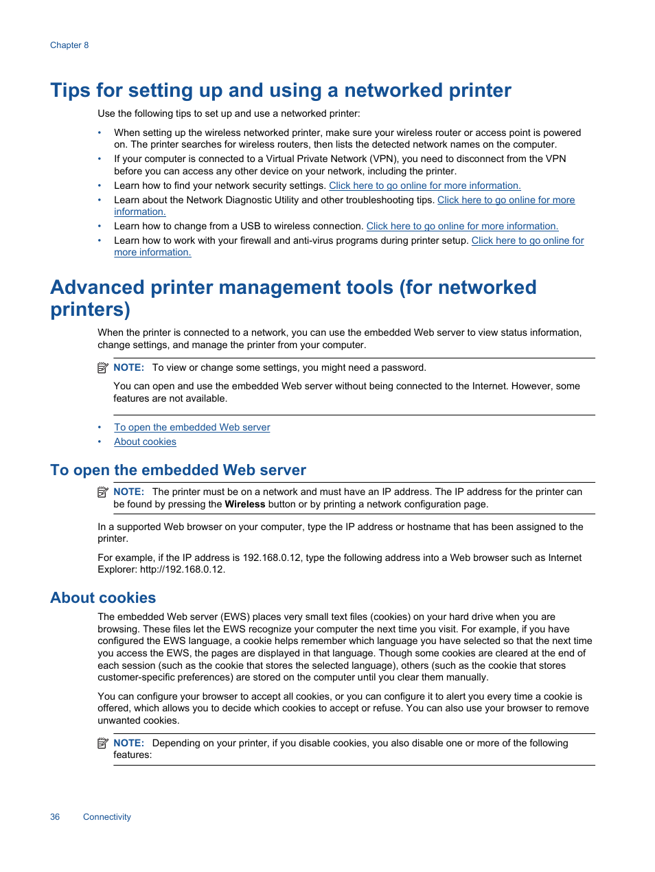 Tips for setting up and using a networked printer, To open the embedded web server, About cookies | HP 3520 User Manual | Page 38 / 66