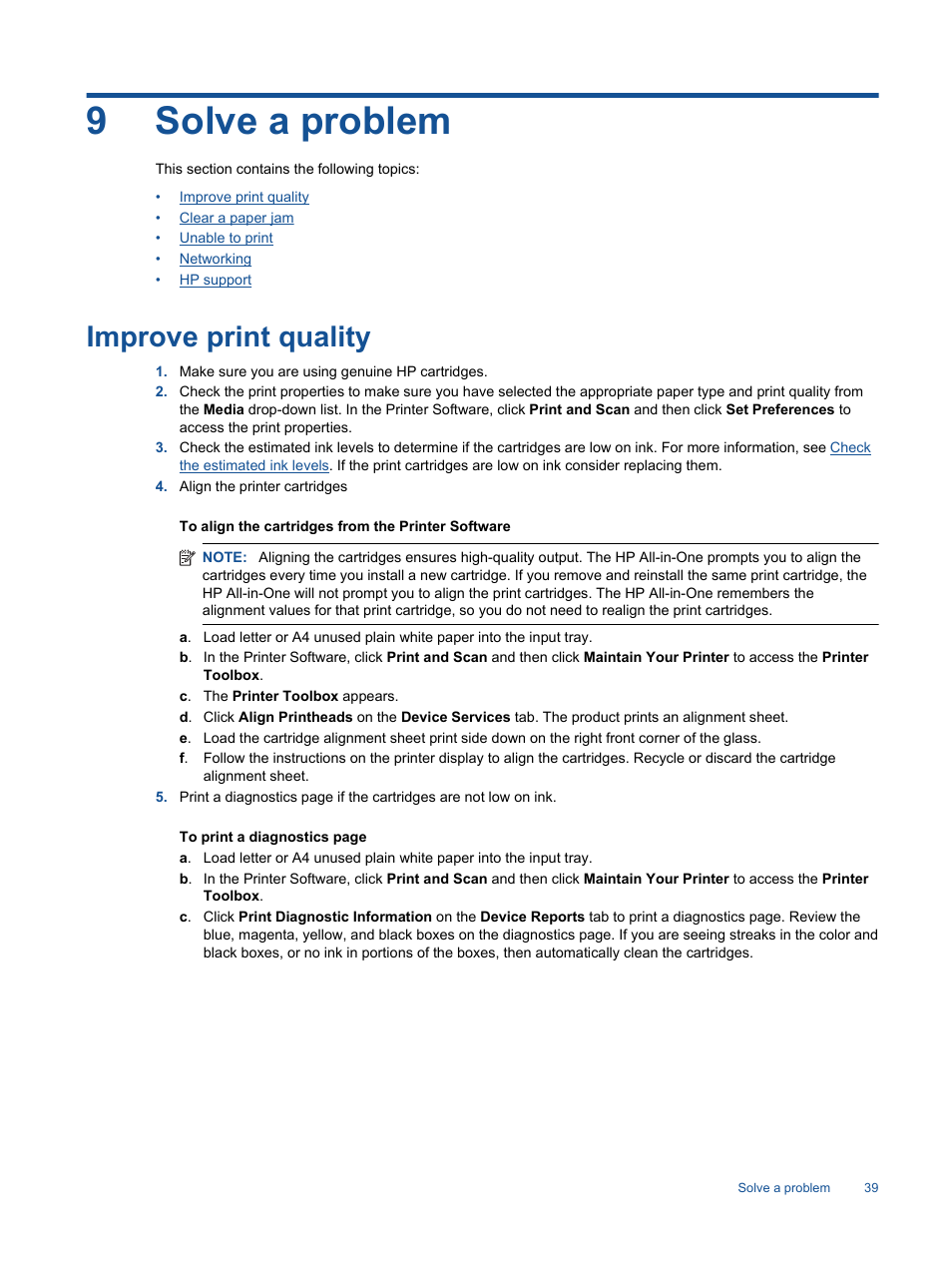 Solve a problem, Improve print quality, 9 solve a problem | Information, see, 9solve a problem | HP 3520 User Manual | Page 41 / 66