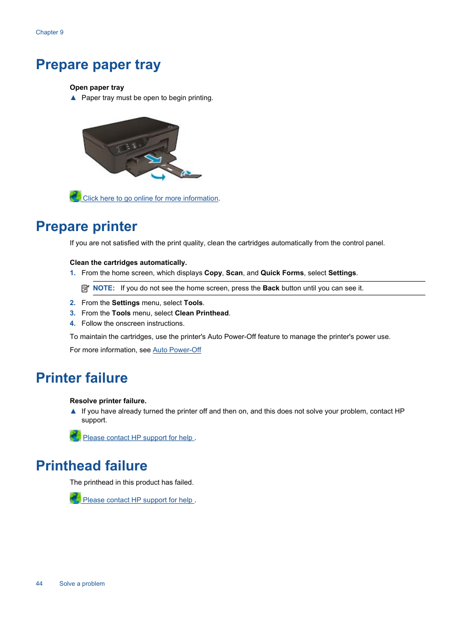 Prepare paper tray, Prepare printer, Printer failure | Printhead failure | HP 3520 User Manual | Page 46 / 66