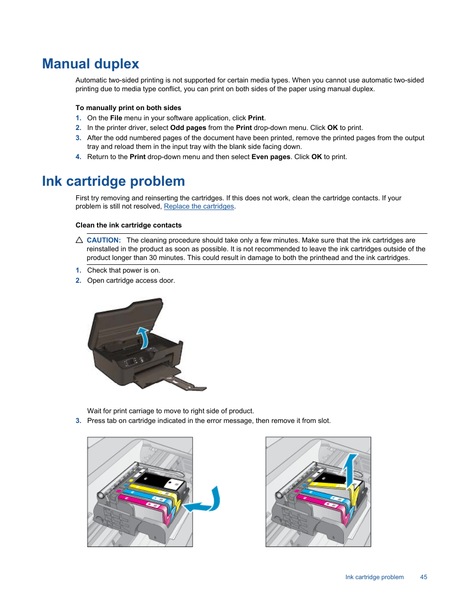 Manual duplex, Ink cartridge problem | HP 3520 User Manual | Page 47 / 66