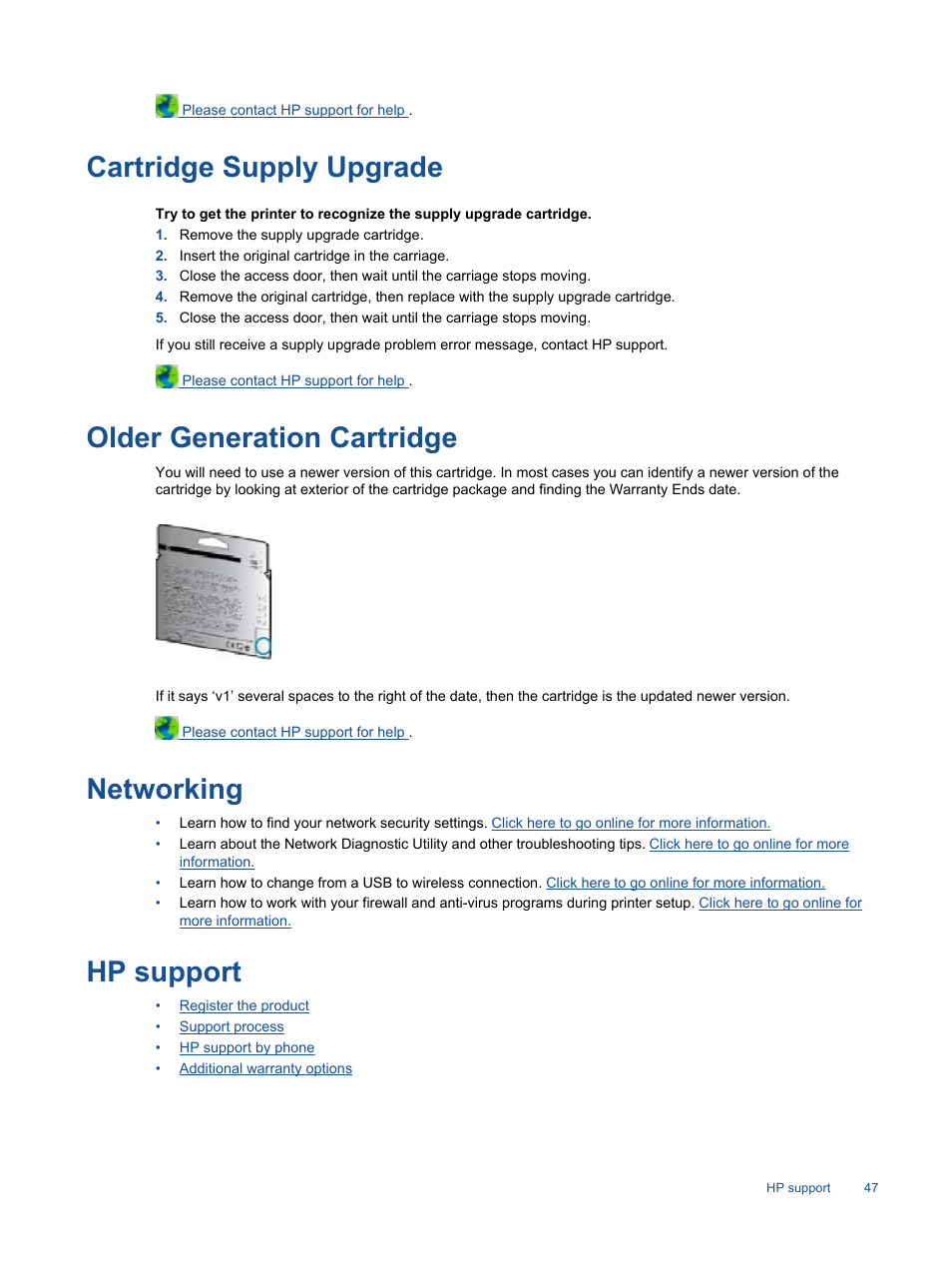 Networking, Hp support, Networking hp support | Cartridge supply upgrade, Older generation cartridge | HP 3520 User Manual | Page 49 / 66