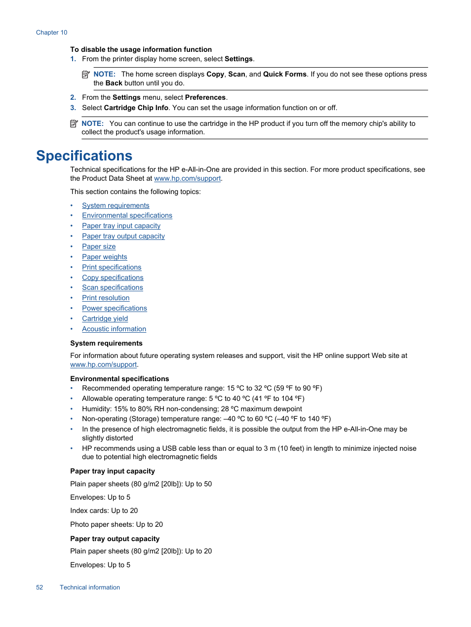 Specifications | HP 3520 User Manual | Page 54 / 66