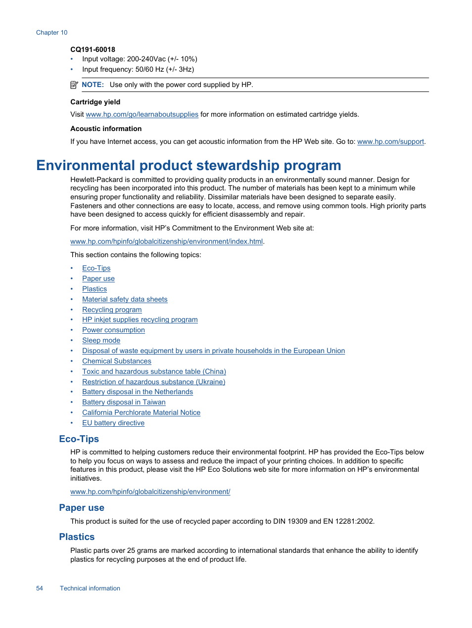 Environmental product stewardship program, Eco-tips, Paper use | Plastics, Cartridge yield, Acoustic information | HP 3520 User Manual | Page 56 / 66