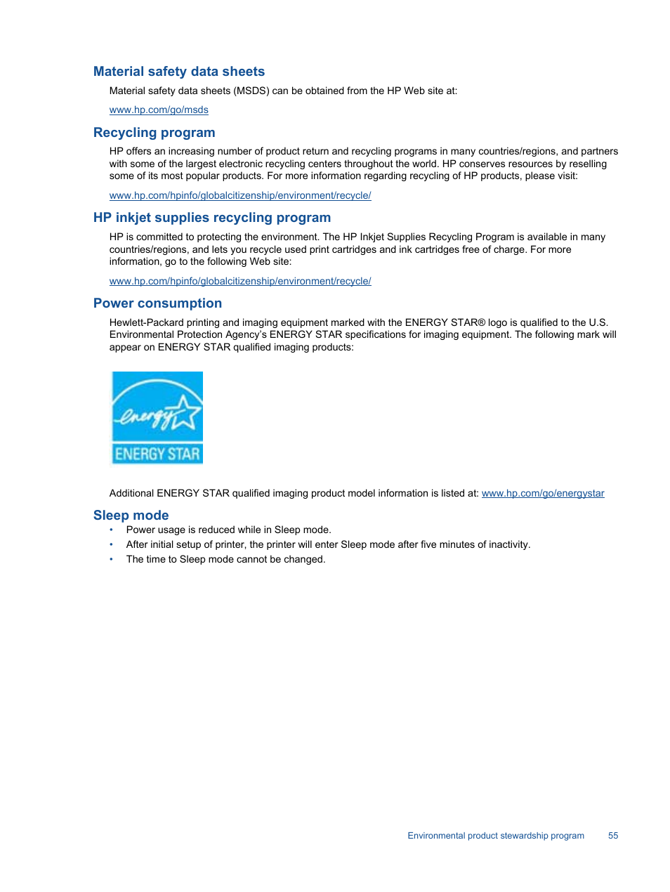Material safety data sheets, Recycling program, Hp inkjet supplies recycling program | Power consumption, Sleep mode | HP 3520 User Manual | Page 57 / 66