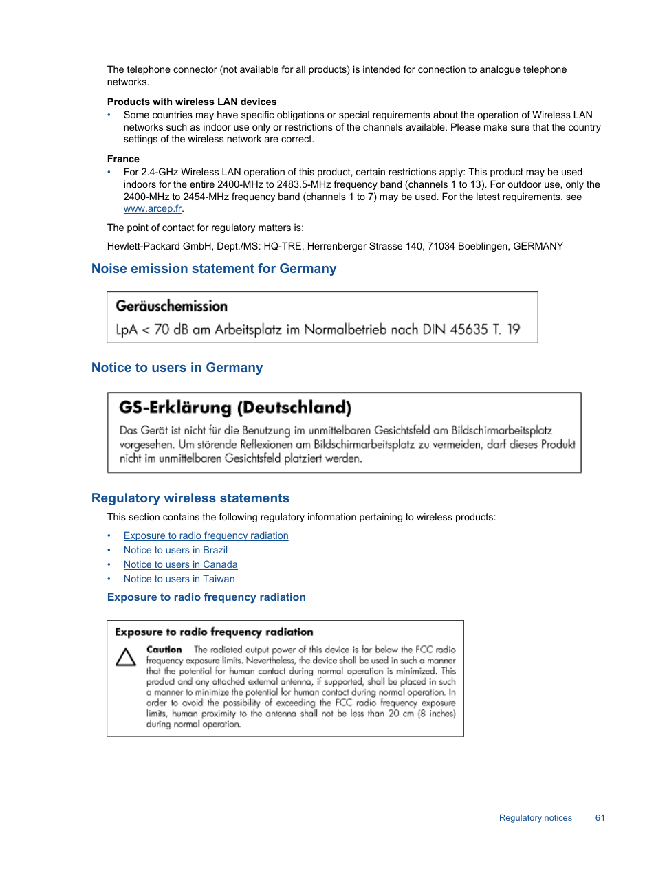 Noise emission statement for germany, Notice to users in germany, Regulatory wireless statements | Exposure to radio frequency radiation | HP 3520 User Manual | Page 63 / 66