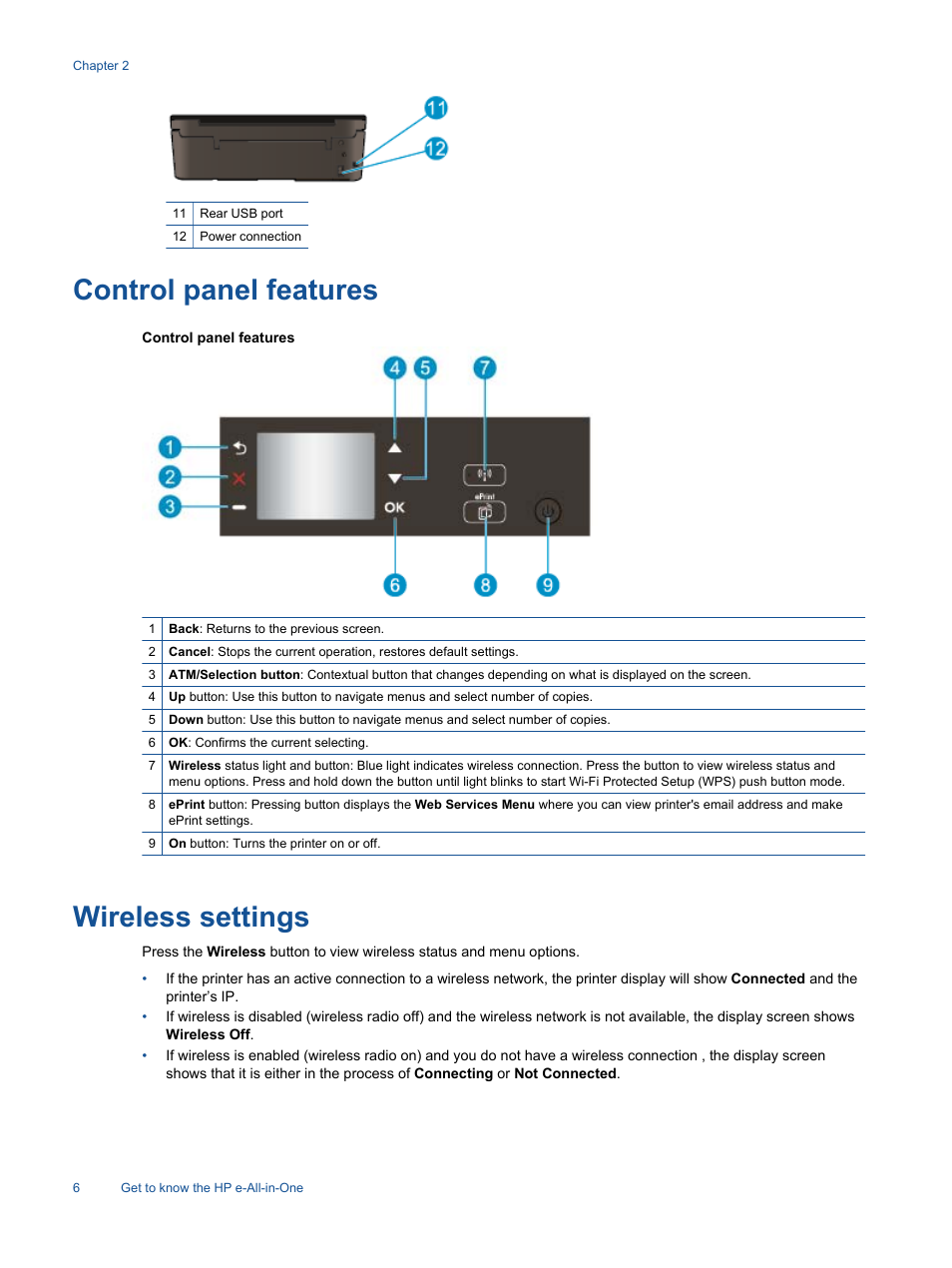 Control panel features, Wireless settings, Control panel features wireless settings | HP 3520 User Manual | Page 8 / 66