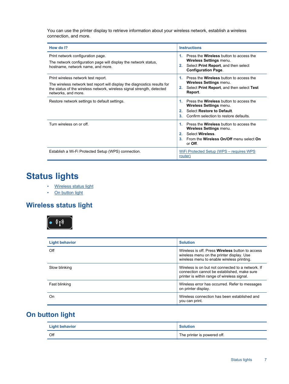 Status lights, Wireless status light, On button light | HP 3520 User Manual | Page 9 / 66