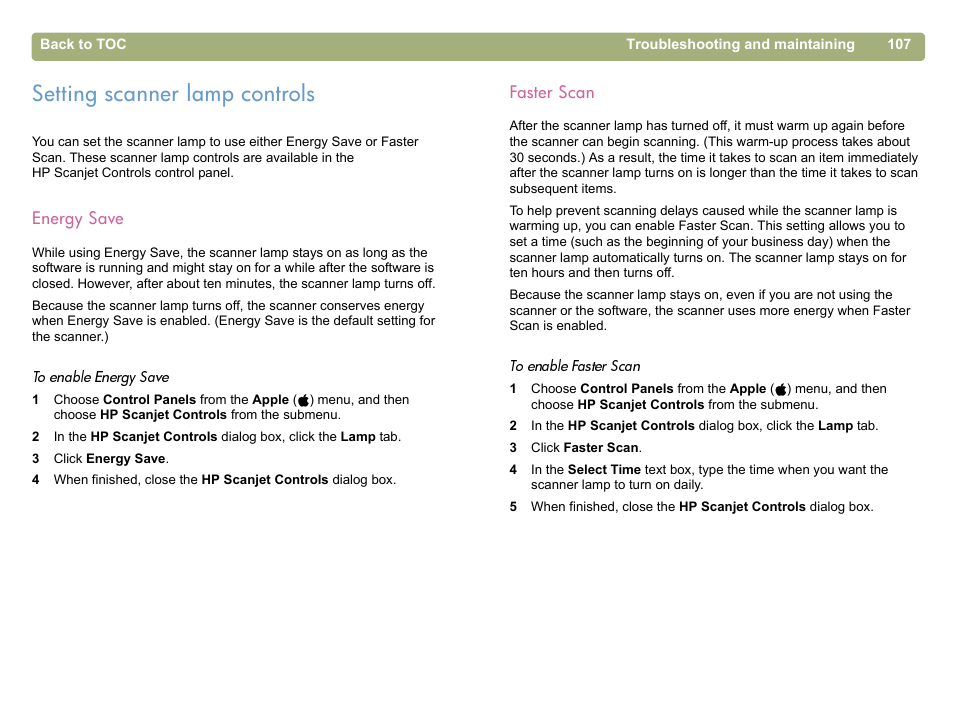 Setting scanner lamp controls, Energy save, Faster scan | Energy save faster scan, Setting, Ls. see, Setting scanner lamp | HP 5400c Series User Manual | Page 107 / 146