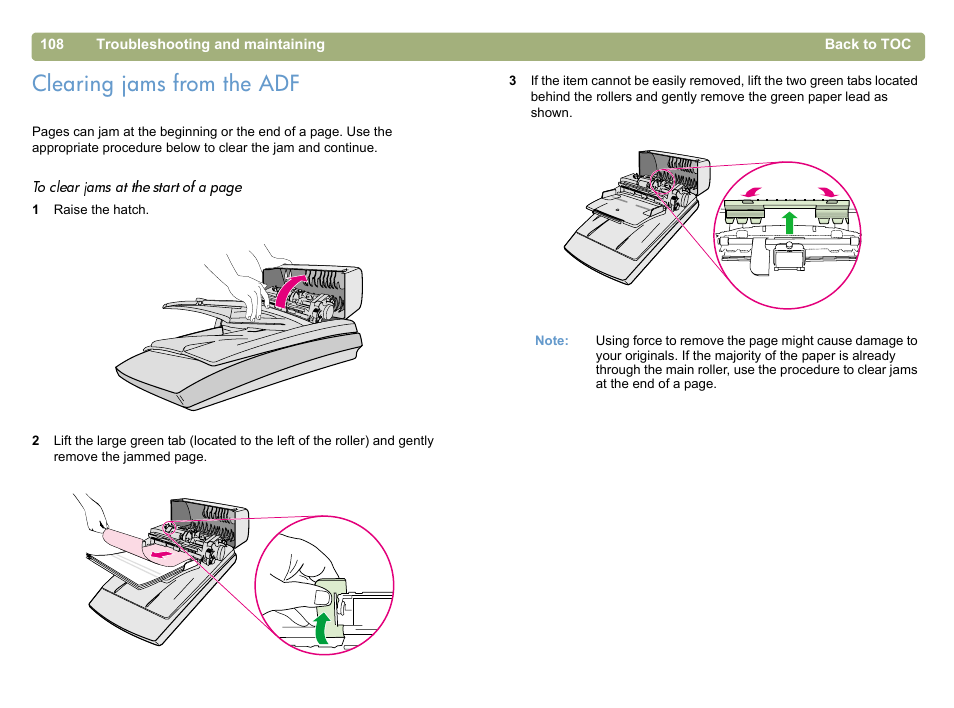 Clearing jams from the adf, Clearing jams from the adf" on, Clearing jams from the | HP 5400c Series User Manual | Page 108 / 146