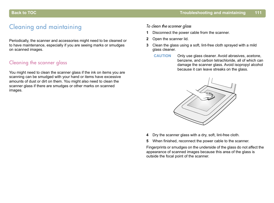 Cleaning and maintaining, Cleaning the scanner glass, Cleaning the | HP 5400c Series User Manual | Page 111 / 146