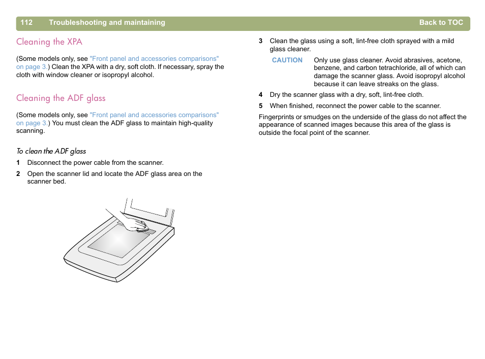 Cleaning the xpa, Cleaning the adf glass, Cleaning the xpa cleaning the adf glass | HP 5400c Series User Manual | Page 112 / 146