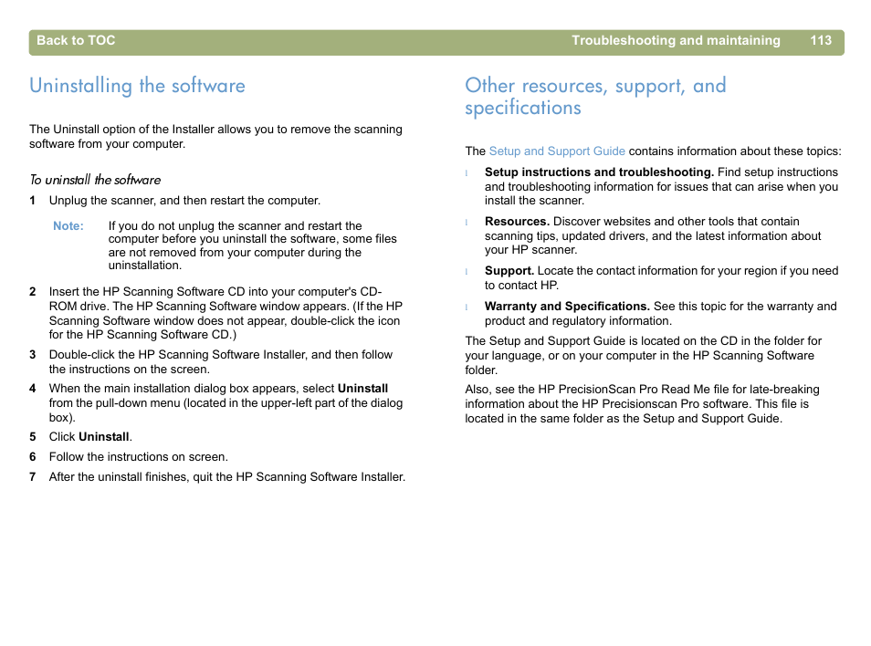 Uninstalling the software, Other resources, support, and specifications | HP 5400c Series User Manual | Page 113 / 146