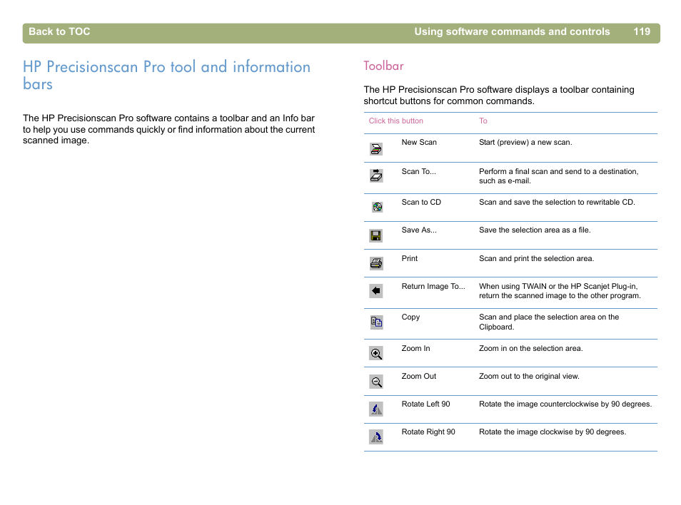 Hp precisionscan pro tool and information bars, Toolbar | HP 5400c Series User Manual | Page 119 / 146