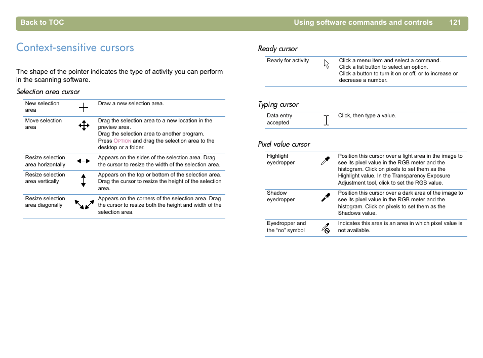 Context-sensitive cursors, Context-sensitive cursors" on | HP 5400c Series User Manual | Page 121 / 146