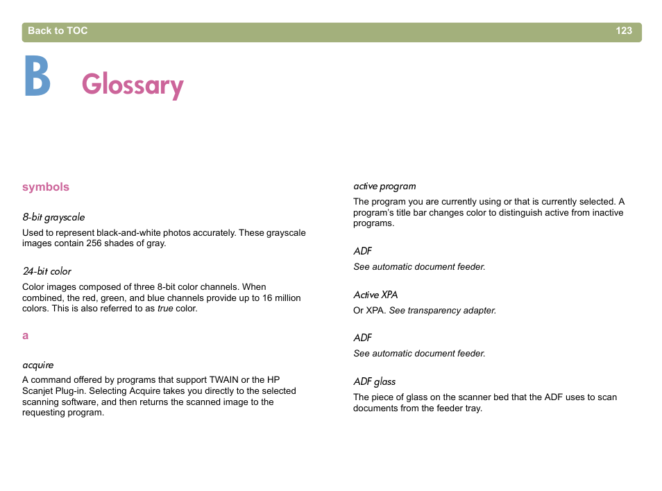 Glossary, B glossary | HP 5400c Series User Manual | Page 123 / 146