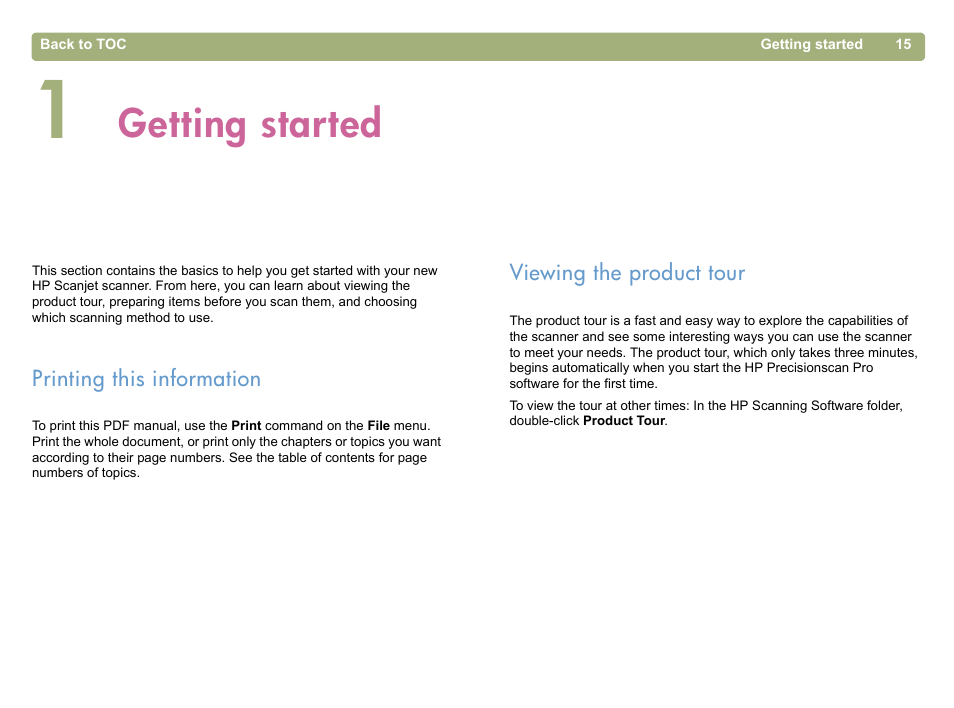 Getting started, Printing this information, Viewing the product tour | 1 getting started, Printing this information viewing the product tour | HP 5400c Series User Manual | Page 15 / 146