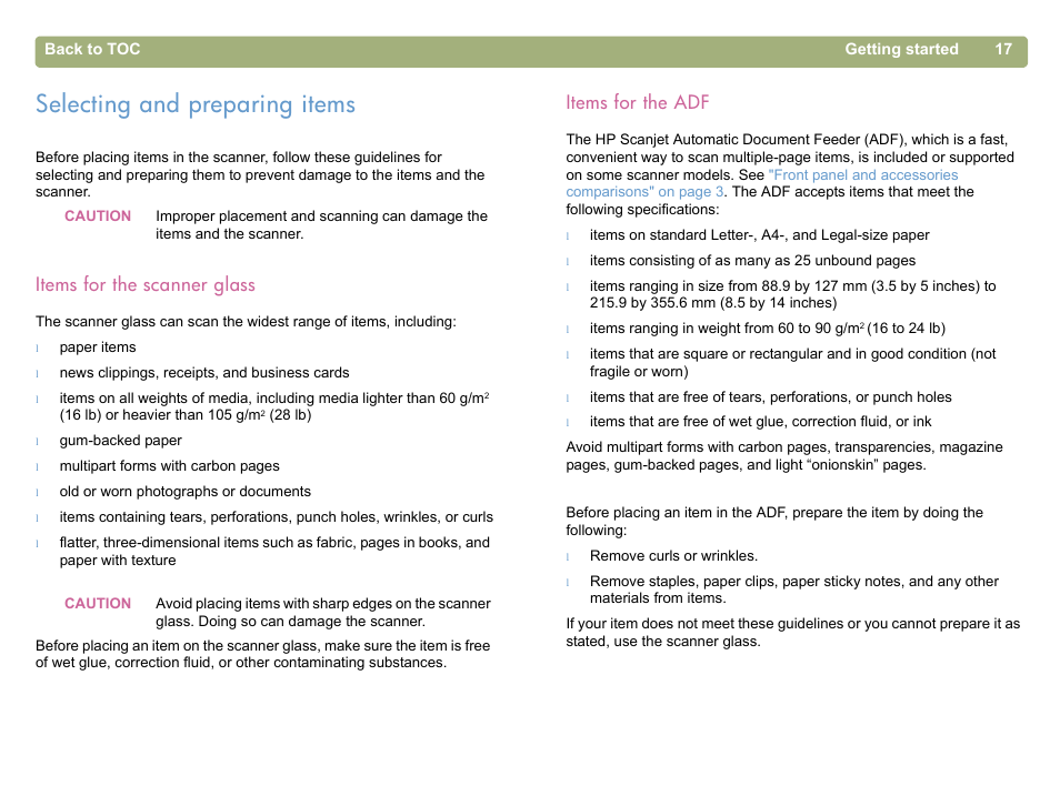 Selecting and preparing items, Items for the scanner glass, Items for the adf | Items for the scanner glass items for the adf | HP 5400c Series User Manual | Page 17 / 146