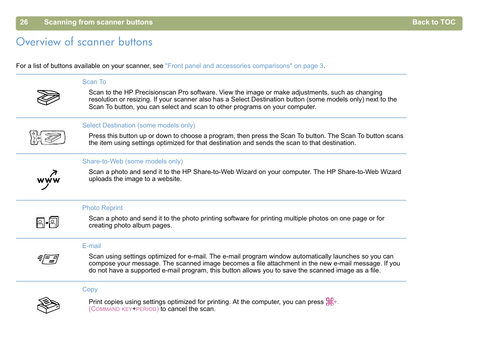 Overview of scanner buttons | HP 5400c Series User Manual | Page 26 / 146