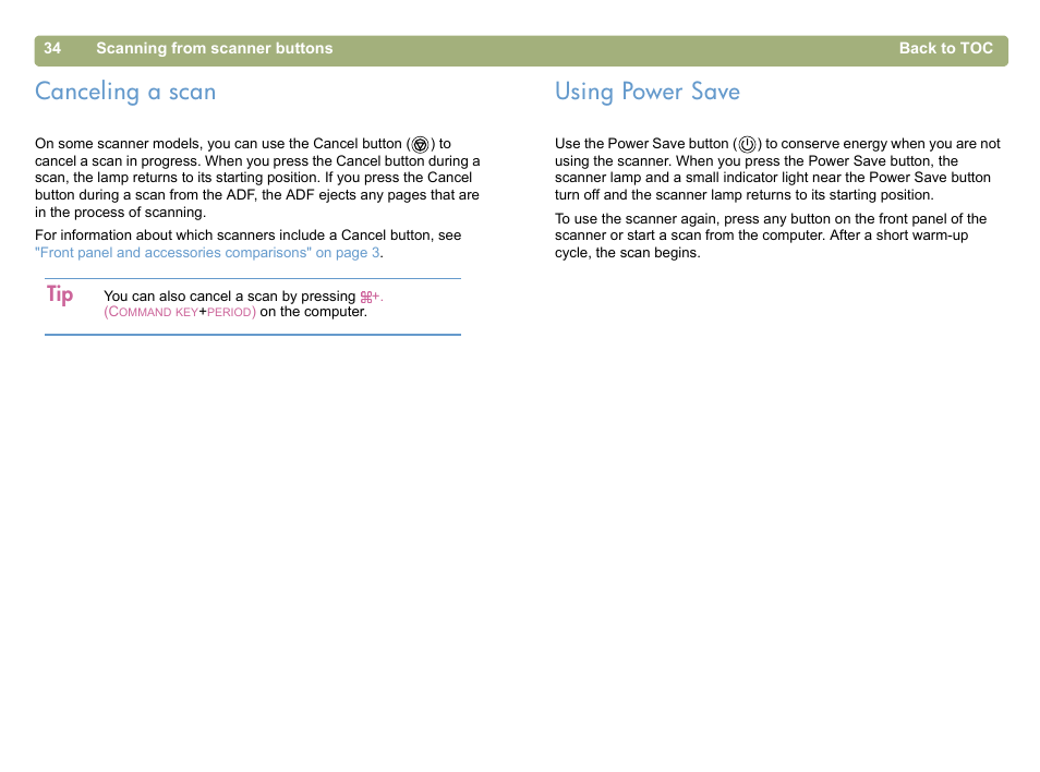 Canceling a scan, Using power save, Canceling a scan using power save | HP 5400c Series User Manual | Page 34 / 146