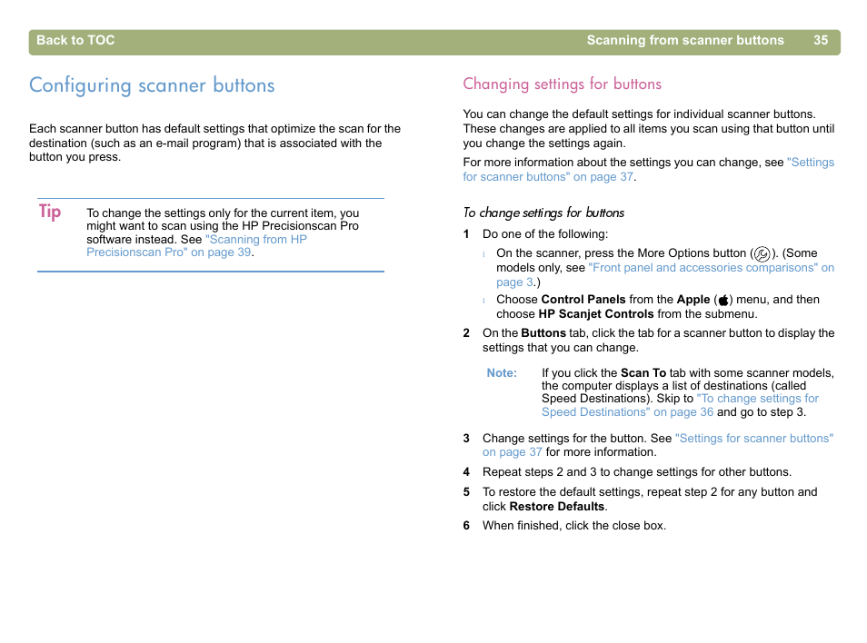 Configuring scanner buttons, Changing settings for buttons, Configuring scanner buttons" on | F, see, Changing settings for buttons" on, To check or change | HP 5400c Series User Manual | Page 35 / 146