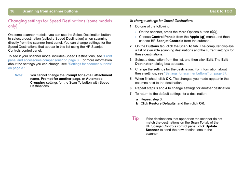 Changing, To change settings for | HP 5400c Series User Manual | Page 36 / 146