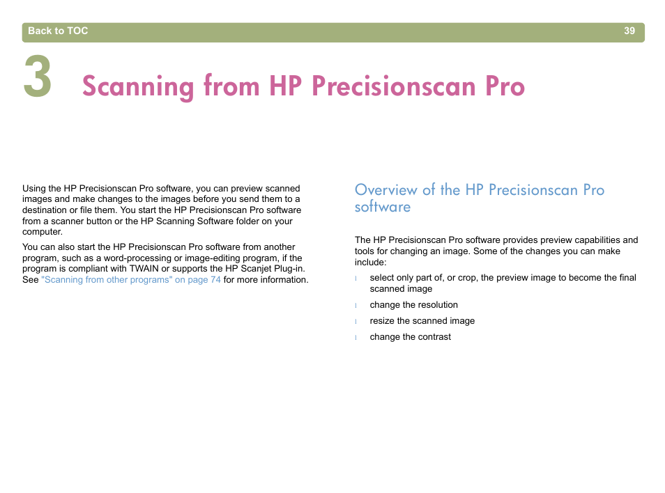 Scanning from hp precisionscan pro, Overview of the hp precisionscan pro software, 3 scanning from hp precisionscan pro | Overview of the hp precisionscan pro software" on, Scanning from hp precisionscan pro" on, Scanning from hp | HP 5400c Series User Manual | Page 39 / 146