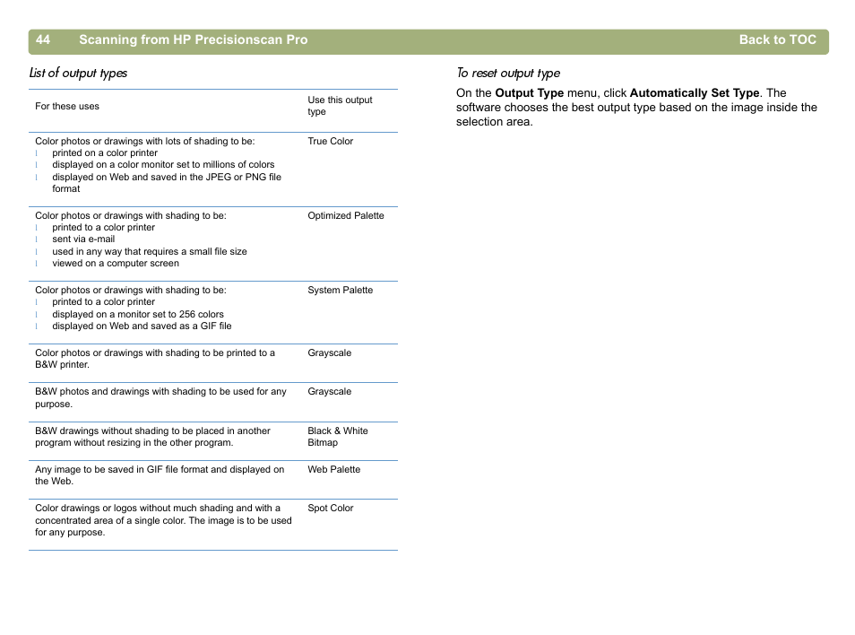 Nu. see, List of output types" on, List of output | 44 scanning from hp precisionscan pro back to toc | HP 5400c Series User Manual | Page 44 / 146