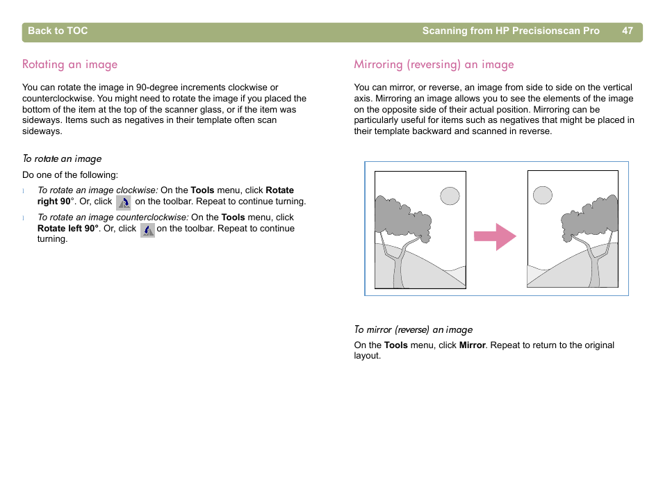 Rotating an image, Mirroring (reversing) an image, Rotating an image mirroring (reversing) an image | HP 5400c Series User Manual | Page 47 / 146