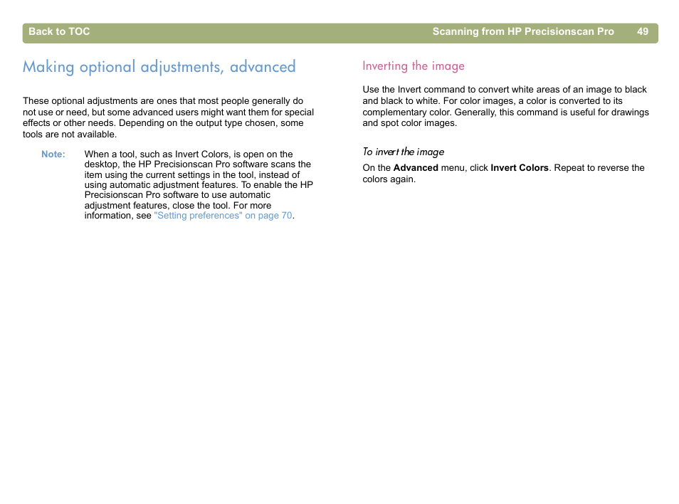 Making optional adjustments, advanced, Inverting the image | HP 5400c Series User Manual | Page 49 / 146