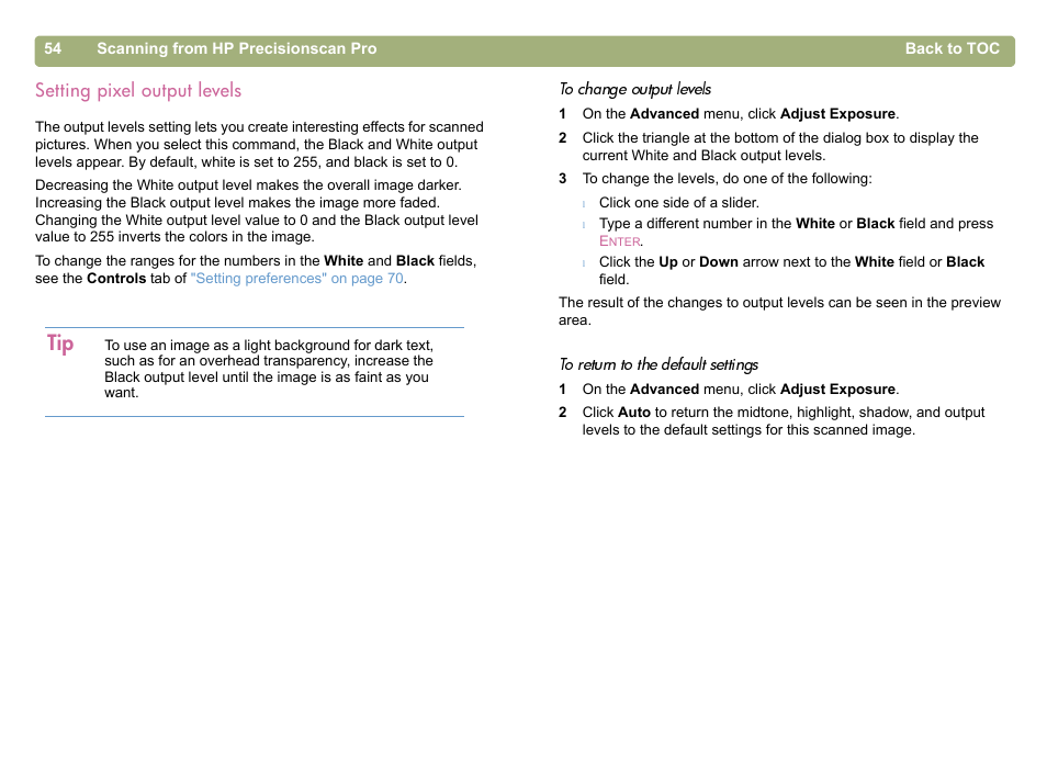 Setting pixel output levels, Setting pixel output levels" on | HP 5400c Series User Manual | Page 54 / 146