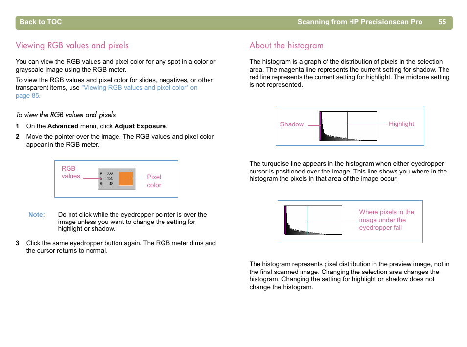 Viewing rgb values and pixels, About the histogram, Viewing rgb values and pixels about the histogram | HP 5400c Series User Manual | Page 55 / 146