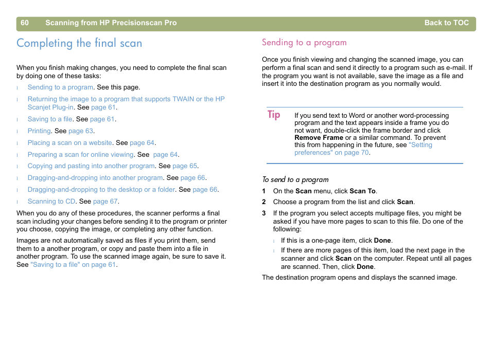 Completing the final scan, Sending to a program | HP 5400c Series User Manual | Page 60 / 146