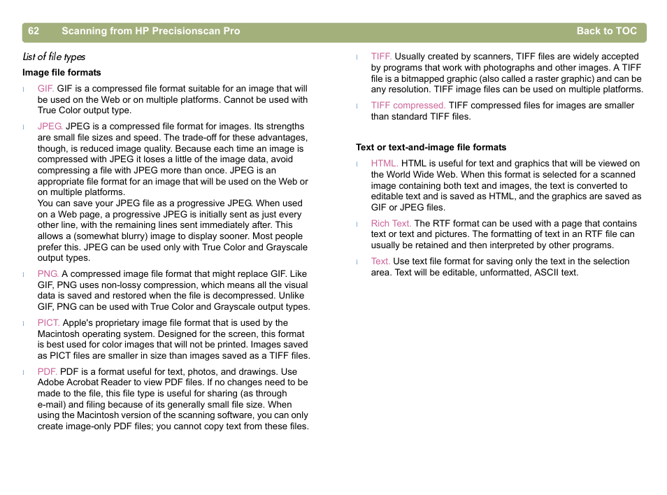 List of file types | HP 5400c Series User Manual | Page 62 / 146