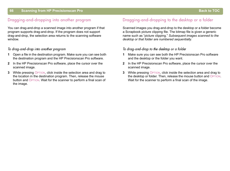 Dragging-and-dropping into another program, Dragging-and-dropping to the desktop or a folder | HP 5400c Series User Manual | Page 66 / 146