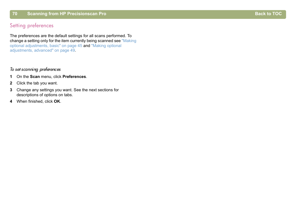 Setting preferences, Setting | HP 5400c Series User Manual | Page 70 / 146