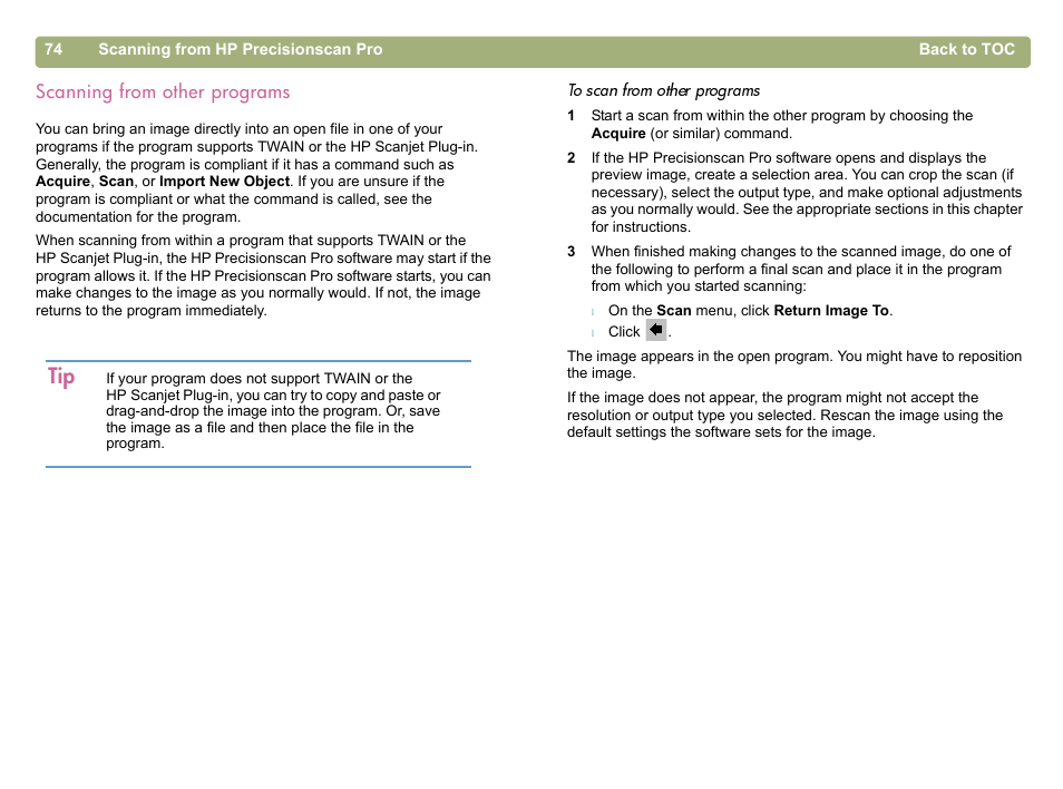 Scanning from other programs, Scanning from, Scanning from other programs" on | HP 5400c Series User Manual | Page 74 / 146