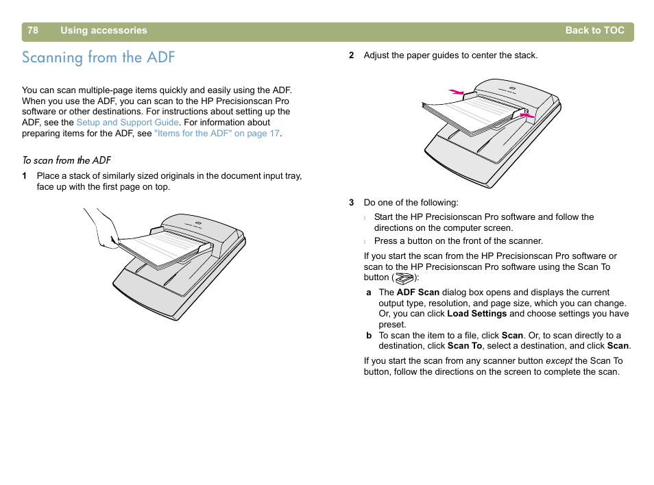 Scanning from the adf, Scanning from the adf" on, Scanning | HP 5400c Series User Manual | Page 78 / 146