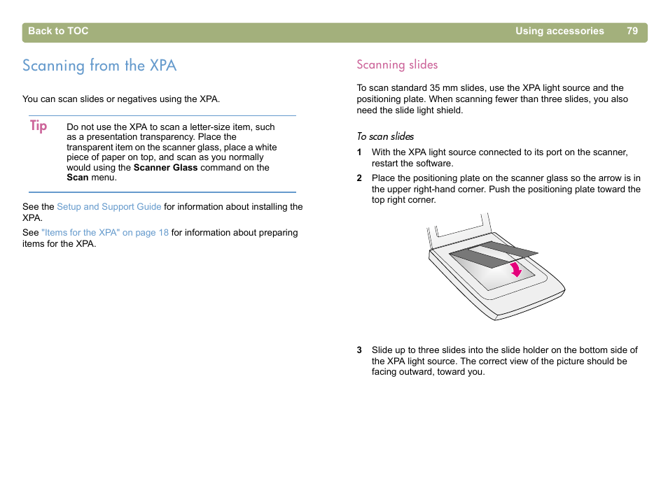 Scanning from the xpa, Scanning slides | HP 5400c Series User Manual | Page 79 / 146