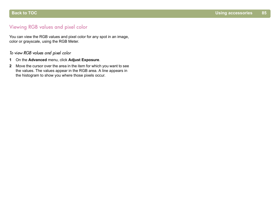 Viewing rgb values and pixel color, Viewing rgb values and pixel | HP 5400c Series User Manual | Page 85 / 146